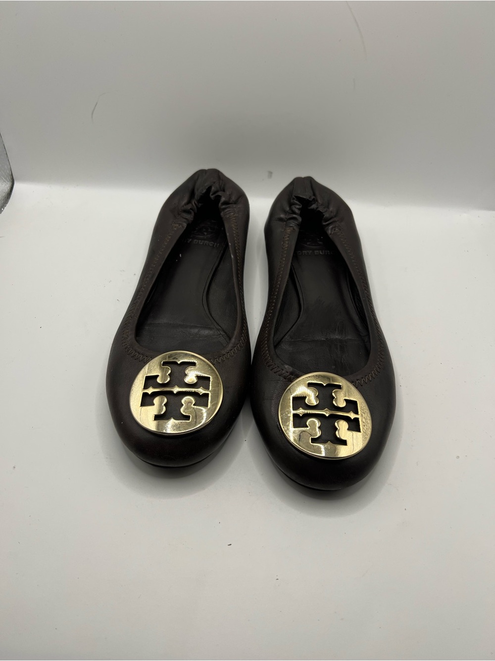 Tory Burch Dark Brown Leather Logo Ballet Flats with Gold Emblem
